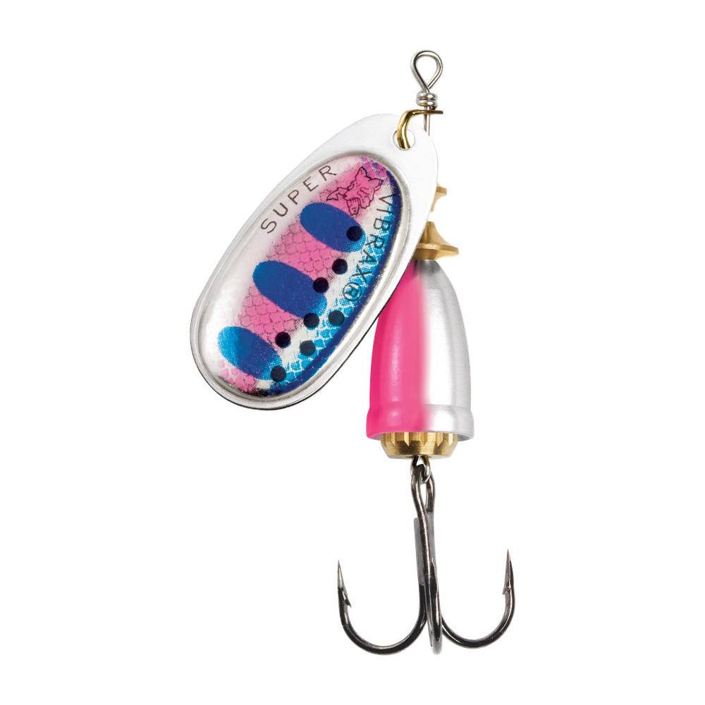 Blue Fox Vibrax, silver blade with a pink scale pattern and pink-and-silver body