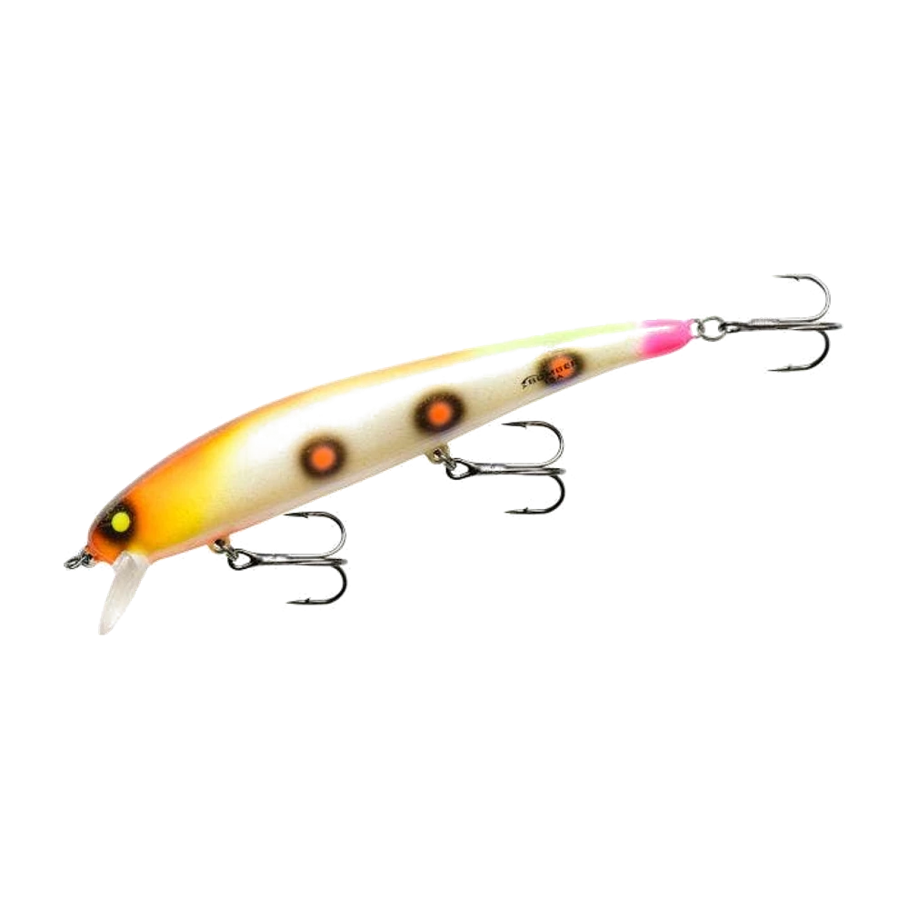 Bomber Long A in fluorescent clown white/orange/pink, long slender body with a short diving lip