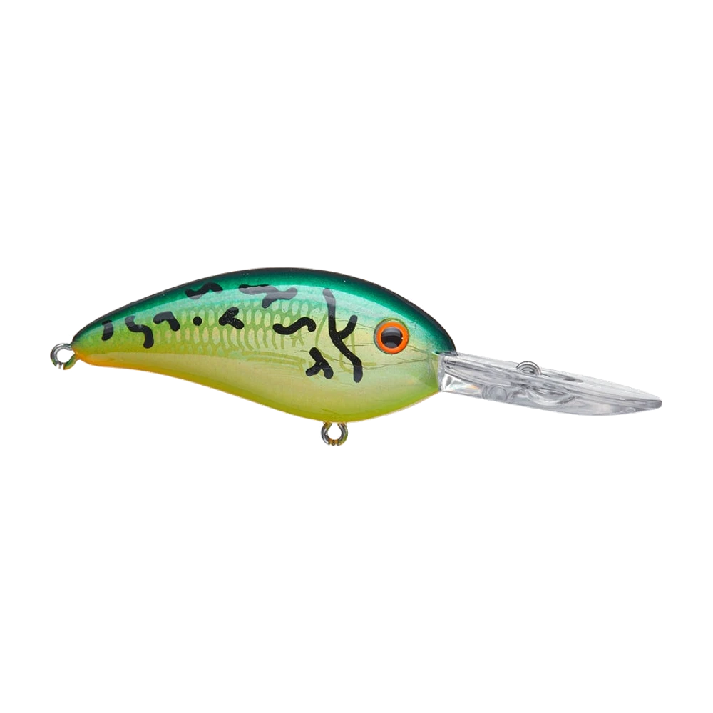 Crankbait Bomber Next Gen Fat Free Fingerling en coloris vert foncé et chartreuse avec zébrures noires, gorge orange et œil cerclé d'orange, longue bavette arrondie translucide, photographié sans hameçons avec les anneaux porte-triples nus