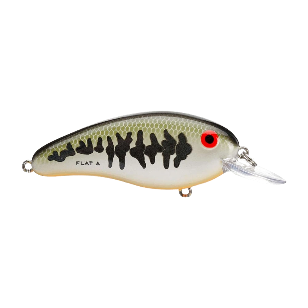 Bomber Next Gen Flat A Crankbait mit flachen Flanken im Baby-Bass-Dekor, olivgrün geschuppter Rücken, cremefarbener Bauch, schwarze Querbalken und rotes Auge, Aufdruck FLAT A auf der Flanke, kleine ovale durchsichtige Tauchschaufel, ohne Haken fotografiert