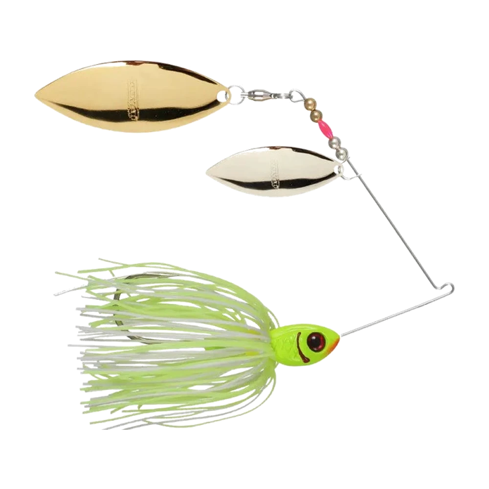 Spinnerbait Booyah Blade à deux palettes willow, grande palette dorée montée sur émerillon à roulement et petite palette nickel, perles laiton et rose sur le bras, jupe silicone chartreuse et blanche, tête chartreuse avec œil rouge et ouïes rouges moulées