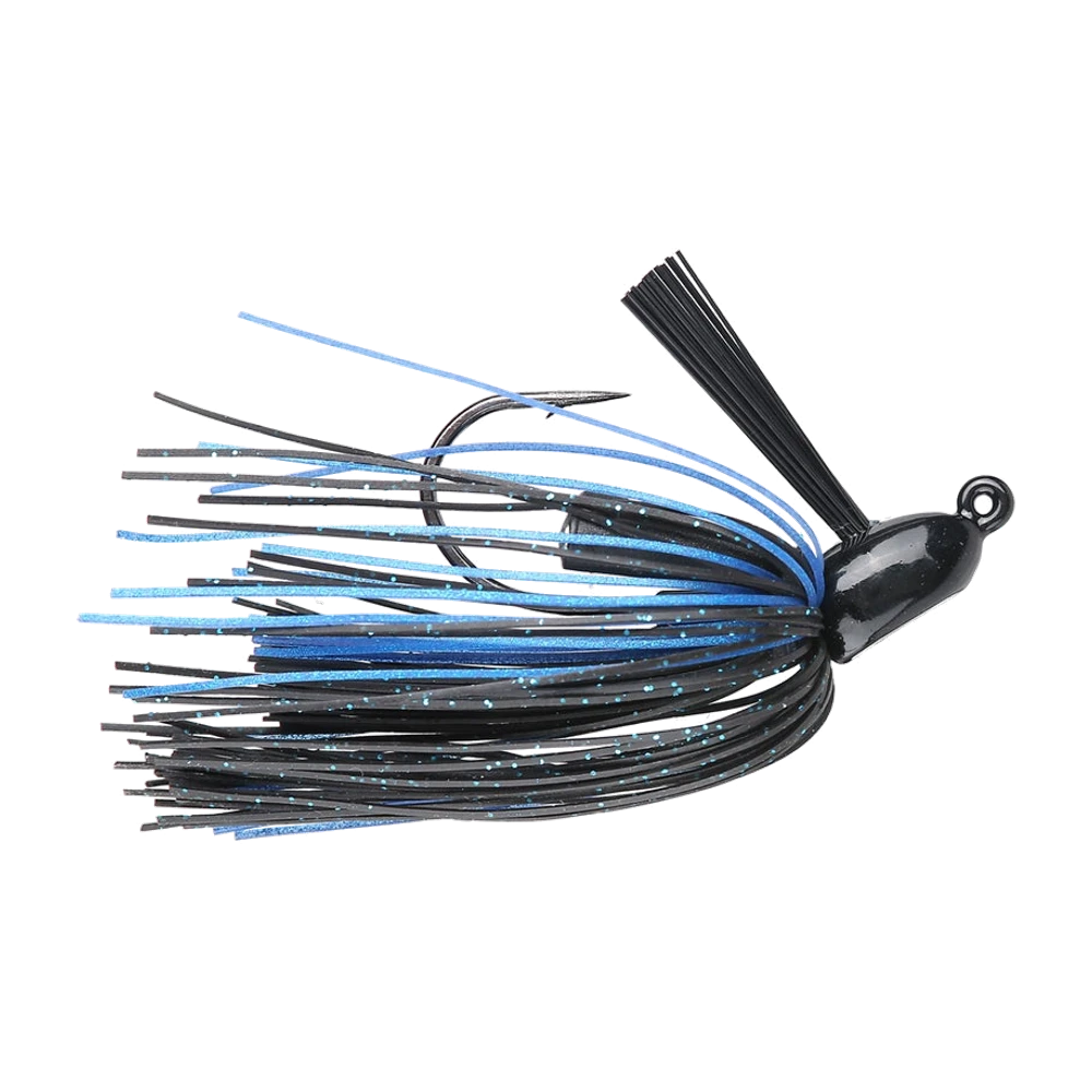 Booyah Boo Jig à tête noire, jupe silicone noire et bleue pailletée, antiherbe en fibres noires, hameçon nu sans trailer