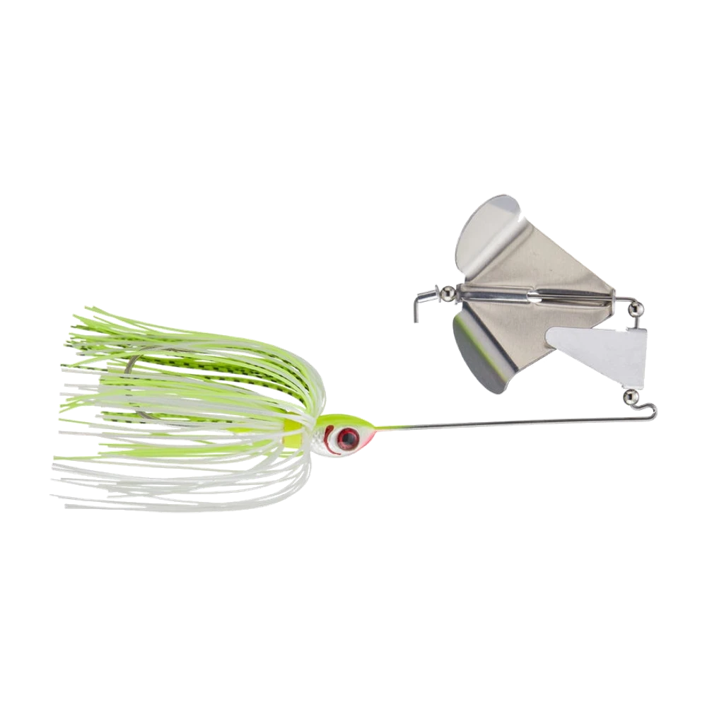 Booyah Buzz tête blanche et chartreuse à gros œil 3D rouge et ouïes rouges, hélice nickel trois pales, petite lamelle clacker sur la tige, jupe blanc et chartreuse mouchetée de noir, hameçon simple nu