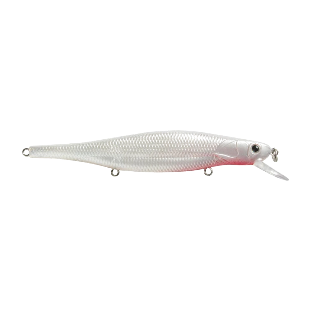 Booyah Flash Point Jerkbait blanc nacré écaillé à gorge rouge et œil 3D noir, bavette translucide, photographié nu sans ses triples et sans la lamelle dorsale, trois porte-hameçons vides et un anneau brisé au nez
