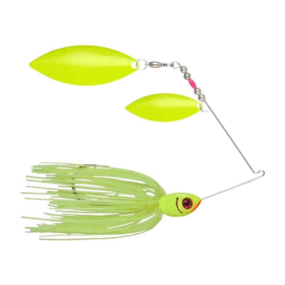 Booyah Glow Blade a doppia willow, due palette verniciate in chartreuse, testa chartreuse con occhio rosso, perline argentate e una perlina rosa sul braccio, gonnellino in silicone chartreuse, amo nudo sotto il gonnellino