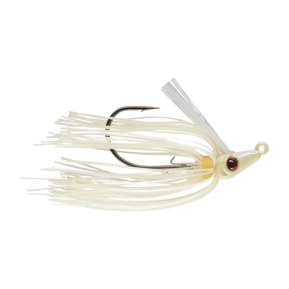 Booyah Mobster Swim Jig à tête blanche profilée avec œil 3D rouge et œillet vertical, jupe silicone blanche à collier jaune, antiherbe blanc incliné vers le haut, hameçon noir nickel nu avec double keeper fil