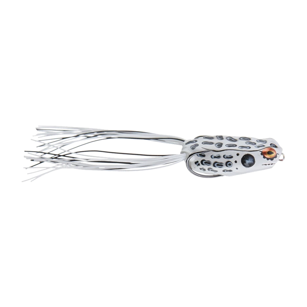 Booyah Poppin Pad Crasher in a white body speckled grey and black, amber eye with black pupil, white and black silicone skirt legs, double hook laid tight under the body
