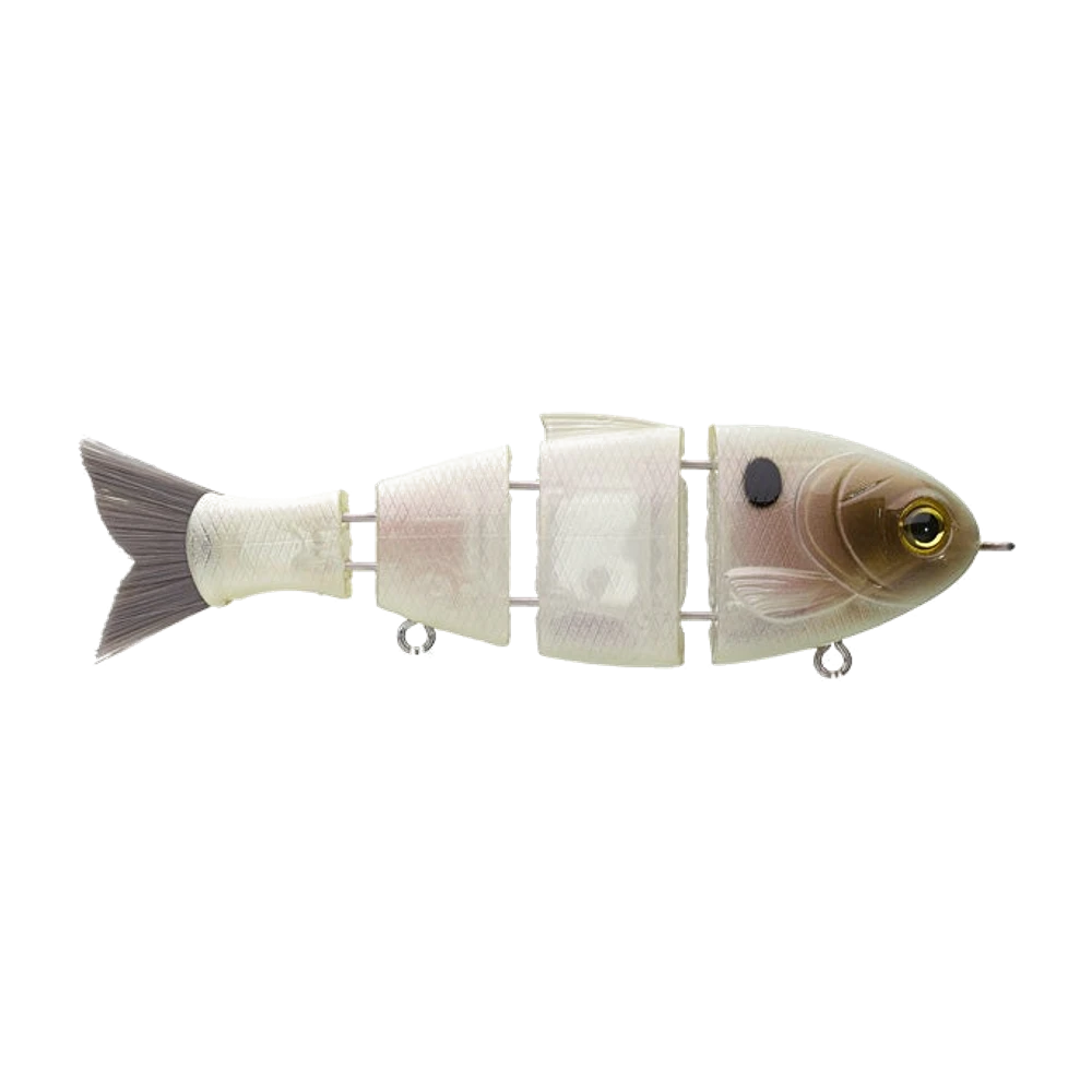 Bucca Brand Baby Bull Shad nackt fotografiert, durchscheinender perlweißer Körper mit rosa Schimmer, olivbrauner Kopf, schwarzer Schulterfleck, goldenes Auge, vier gelenkige Segmente und weicher grauer Faserschwanz