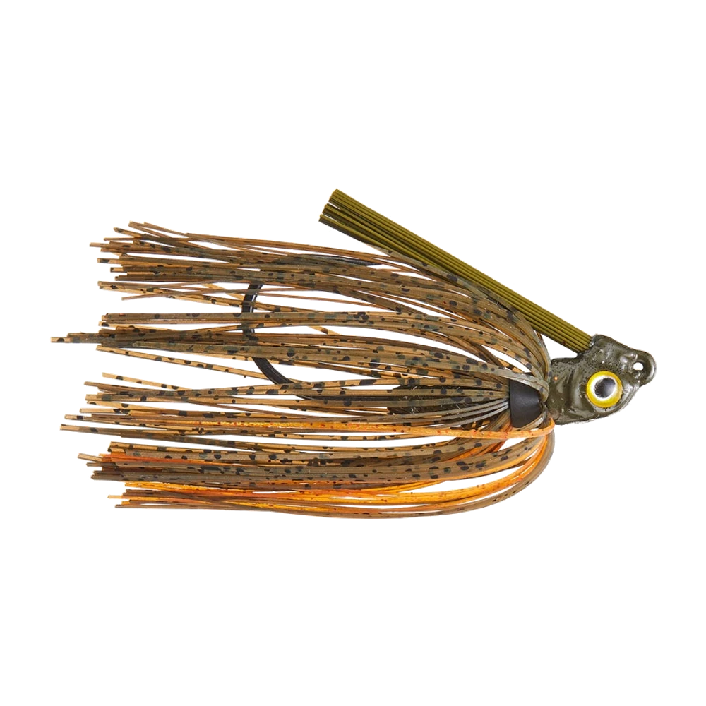 Buckeye Lures Brush Panda, Swim Jig mit spitz zulaufendem Kopf in Green Pumpkin und gelbem, schwarz umrandetem Auge, olivgrüner Faser-Krautschutz, braungrüner Silikonskirt mit schwarzen Sprenkeln und orangen Strähnen, schwarzer Gummikragen, dunkler Haken unter dem Skirt sichtbar, kein Trailer montiert