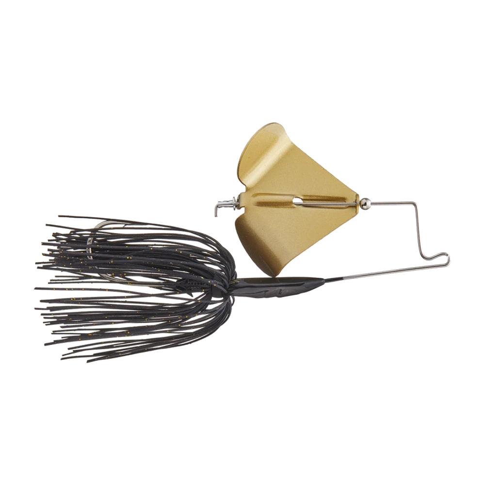 Buckeye Lures Buzzerk, buzzbait à palette unique dorée à deux ailettes, clacker métallique argenté et bille devant la palette, tête plombée noire, jupe silicone noire pailletée d'or, hameçon masqué par la jupe, aucun trailer monté