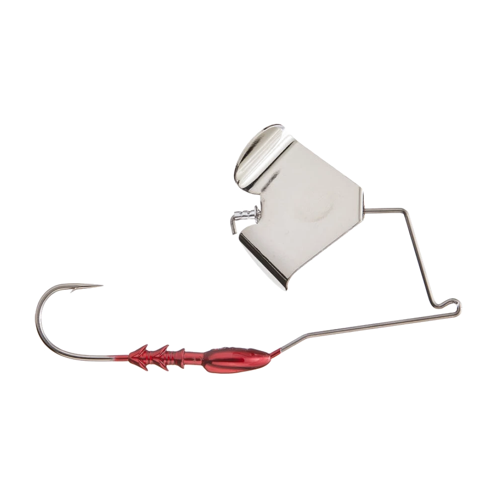 Buckeye Lures G-Buzz photographié sans jupe ni trailer, palette unique argentée à deux ailettes, petit rivet métallique, tête plombée rouge translucide avec collier à barbillons, gros hameçon simple, armature en fil d'acier nettement coudée