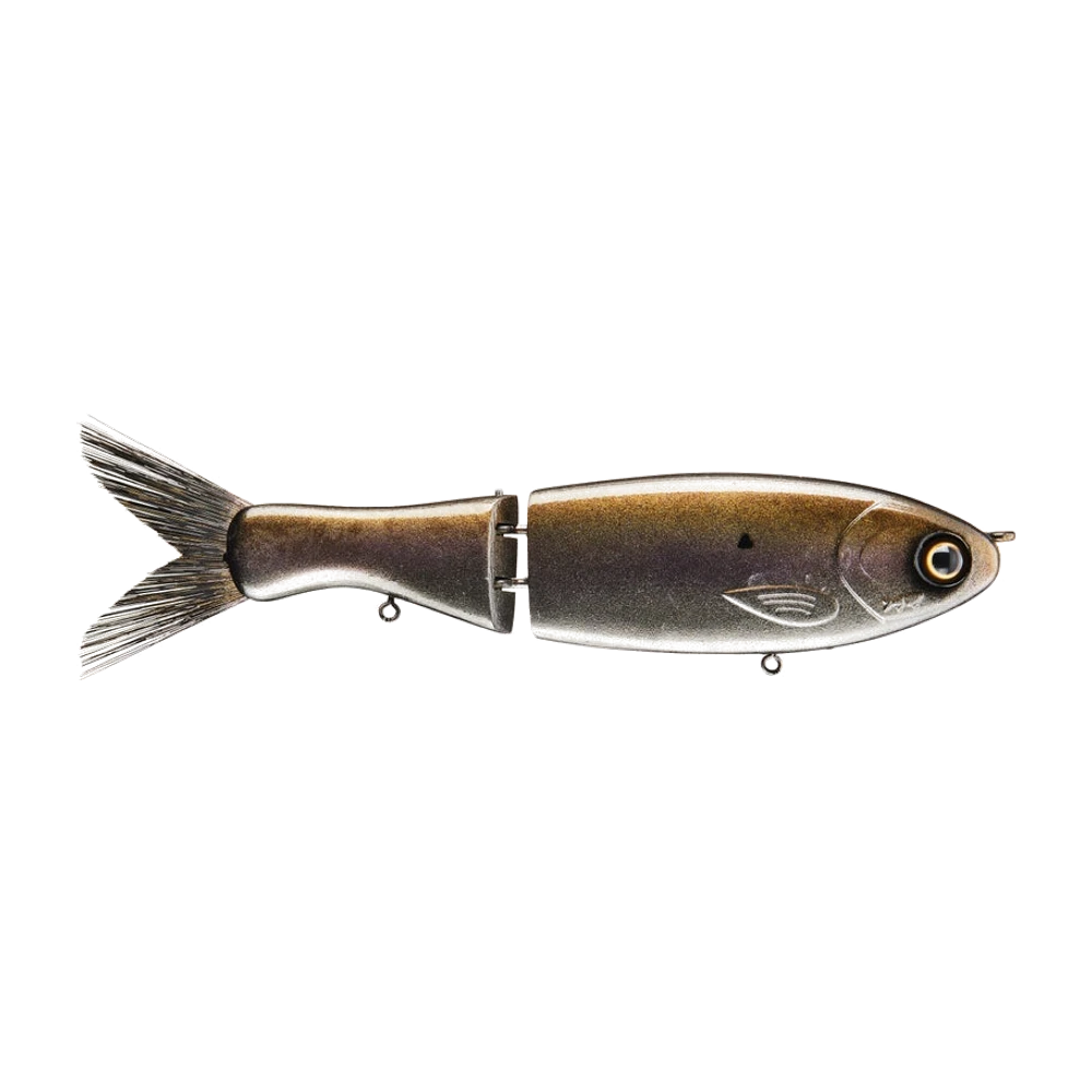 Clutch Darter Glide Bait, glide articulé en deux sections au profil élancé, dos bronze olive à reflets violets, flancs nacrés, ventre blanc, gros œil à iris doré, queue en fibres souples gris foncé, porte-hameçons ventraux et œillet de tête nus, sans triples ni anneaux montés