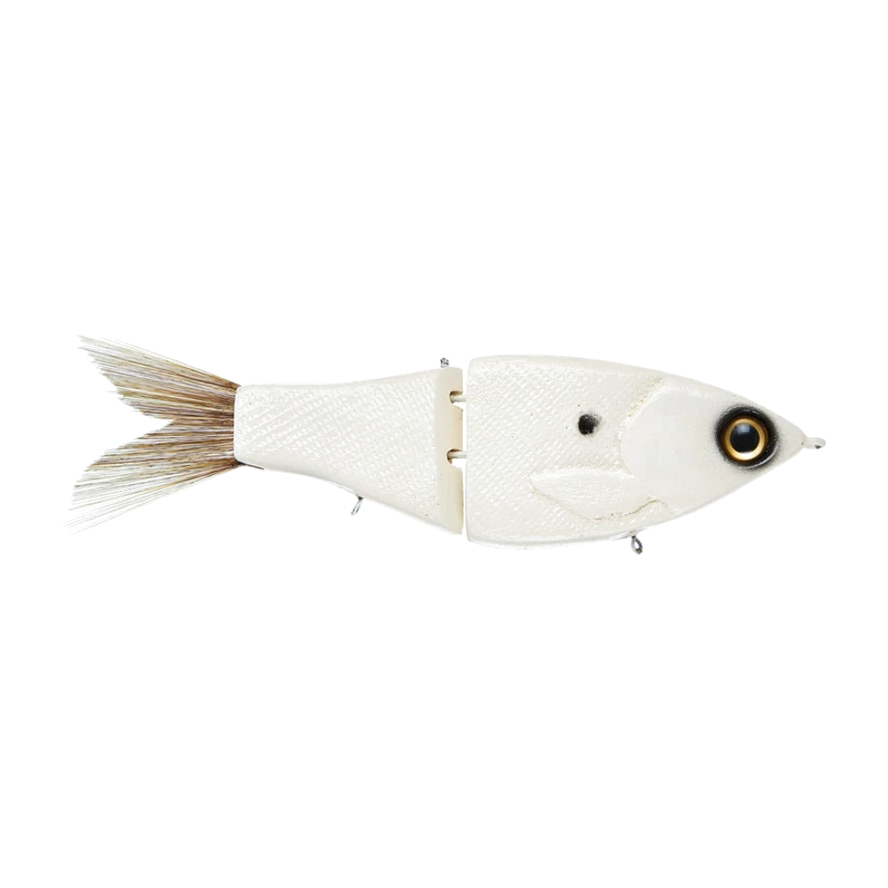 Clutch OG Glide Bait blanc nacré, corps en résine articulé en deux sections, queue en fibres souples beige, porte-hameçons ventraux vides