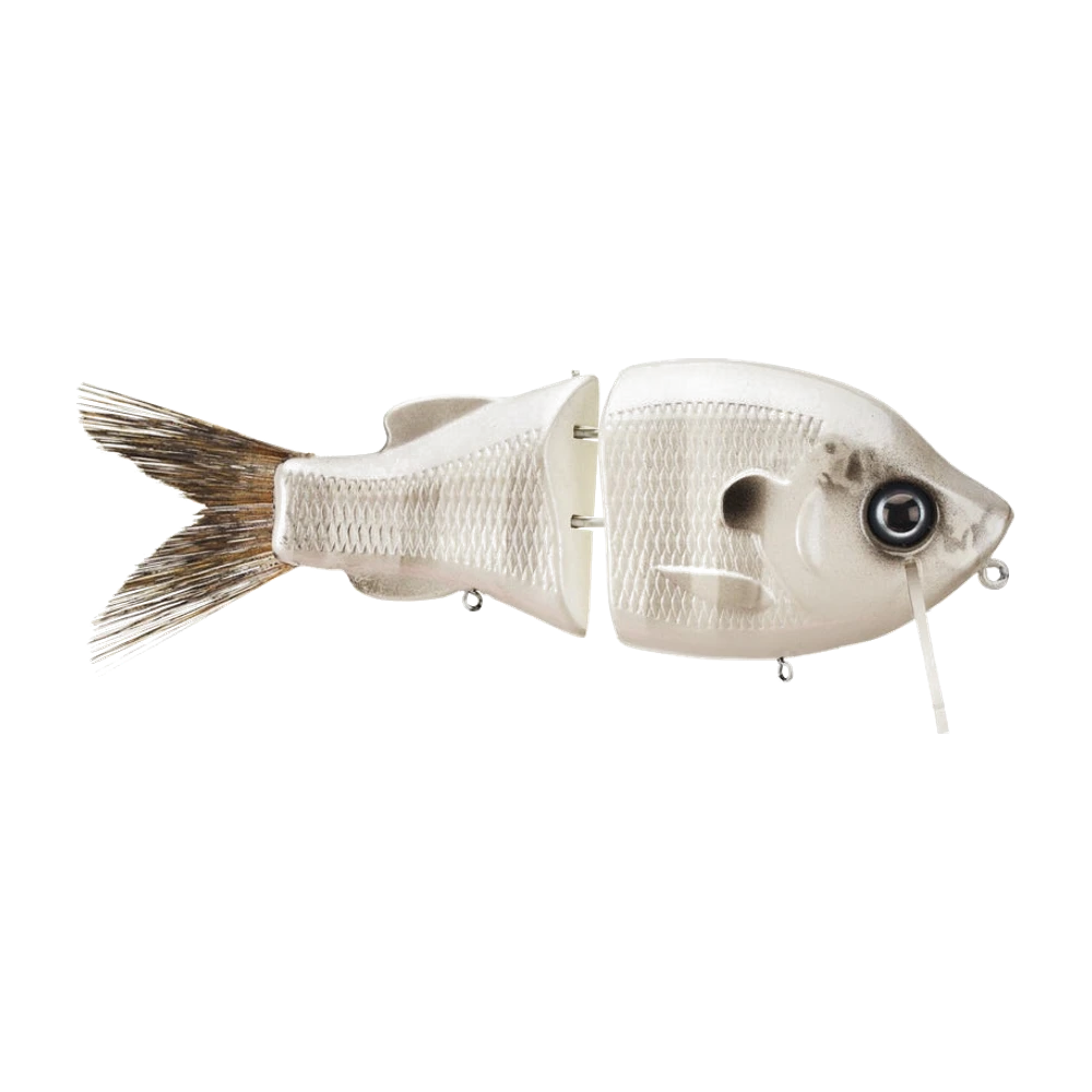 Clutch Wake Gill Wakebait bianco perlato squamato, corpo alto da persico sole snodato in due sezioni, sottile paletta sotto il mento, coda in fibre, portaancorette ventrali vuoti