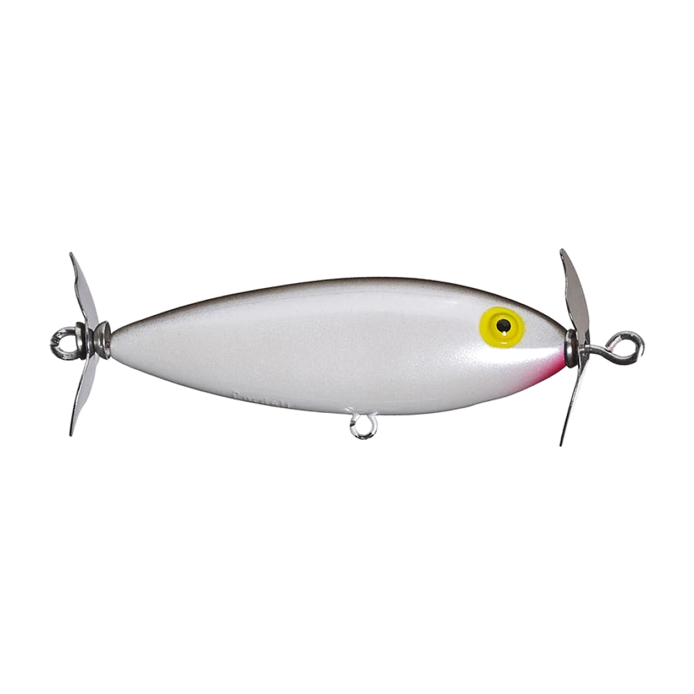 Cotton Cordell Crazy Shad chrome à ventre nacré, œil jaune à pupille noire, marque rouge sous la gorge, hélice métallique à l'avant et à l'arrière, porte-hameçons ventral et arrière vides