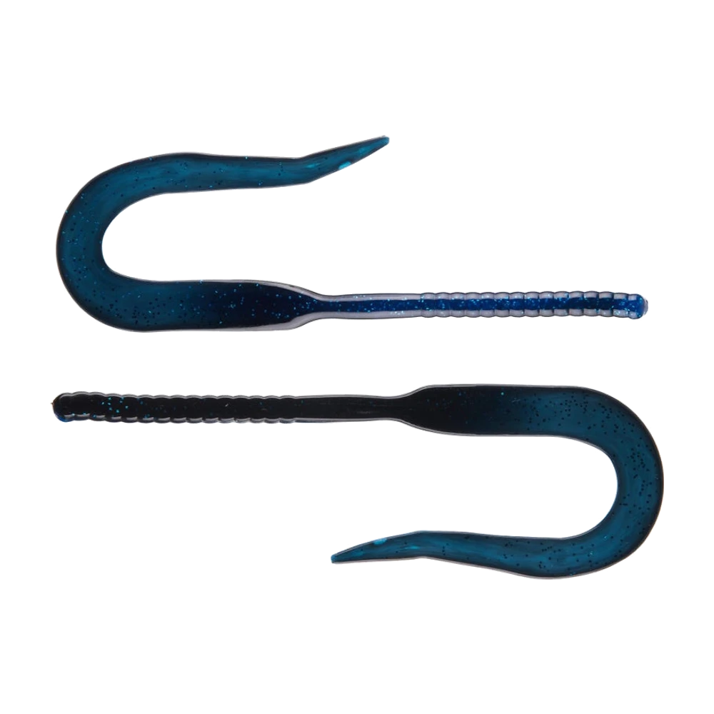 Creme Coachwhip Worm mit 16 Zoll, zwei Exemplare in Schwarz mit blauem Glitter, gerippter Körper, der in einen langen flachen, eingerollten Bandschwanz übergeht, nackte Gummiköder ohne Haken und ohne Blei
