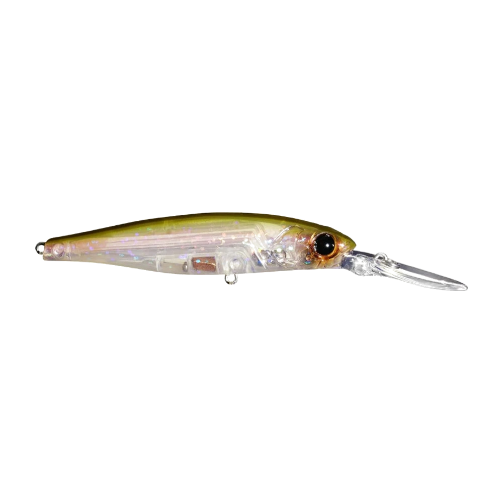 Damiki Abyss 90 de cuerpo translúcido con purpurina holográfica y dorso verde oliva dorado, pala larga transparente, lastre interno visible por transparencia, fotografiado sin anzuelos montados
