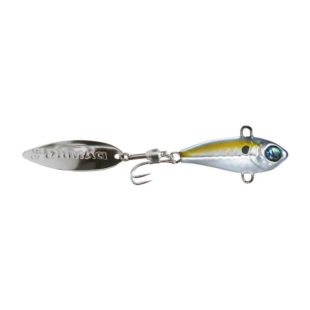 Damiki Axe Blade cromado plateado con dorso verde dorado y ojo 3D grande, pala willow grabada Damiki unida por un emerillón, anzuelo doble montado bajo la pala, anillas de cabeza y vientre vacías