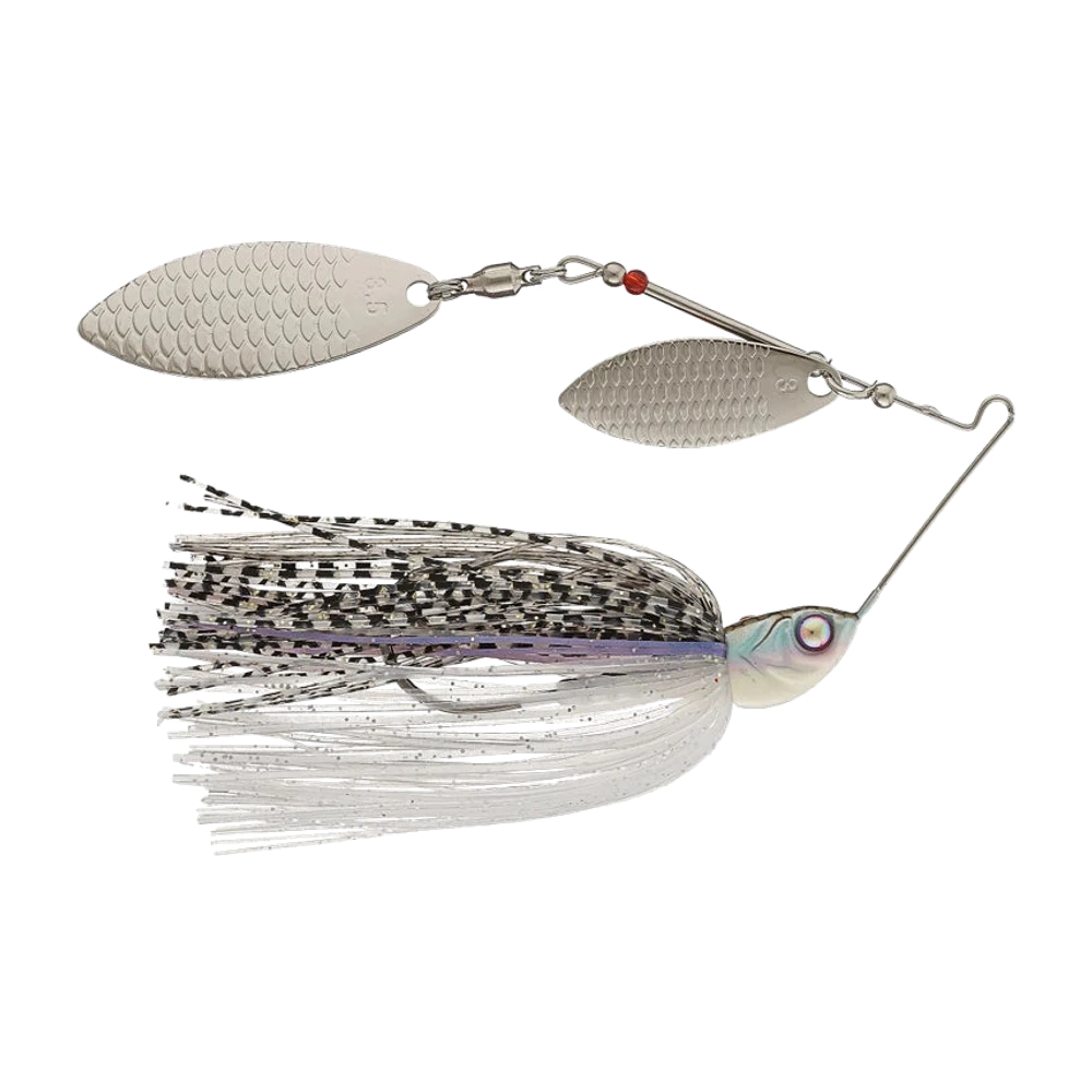 Damiki TOT Type1 Double Willow Spinnerbait, deux palettes willow nickel gravées d'un motif d'écailles, tête perlée blanche à oeil 3D, jupe noir et blanc à brins argentés, aucun trailer monté