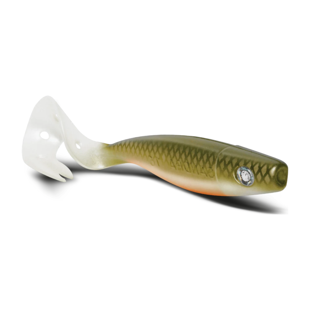 Leurre souple Delalande Sandra 12cm, dos vert olive dégradé vers un ventre blanc nacré, queue virgule perforée