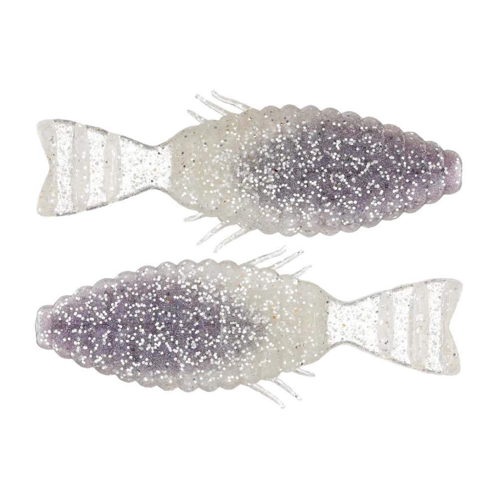Deps Bull Flat, deux leurres souples translucides nacrés à dos fumé violet et grosses paillettes argentées, corps annelé, petits bras latéraux en forme de nageoires, queue plate barrée de rayures claires, aucun hameçon monté