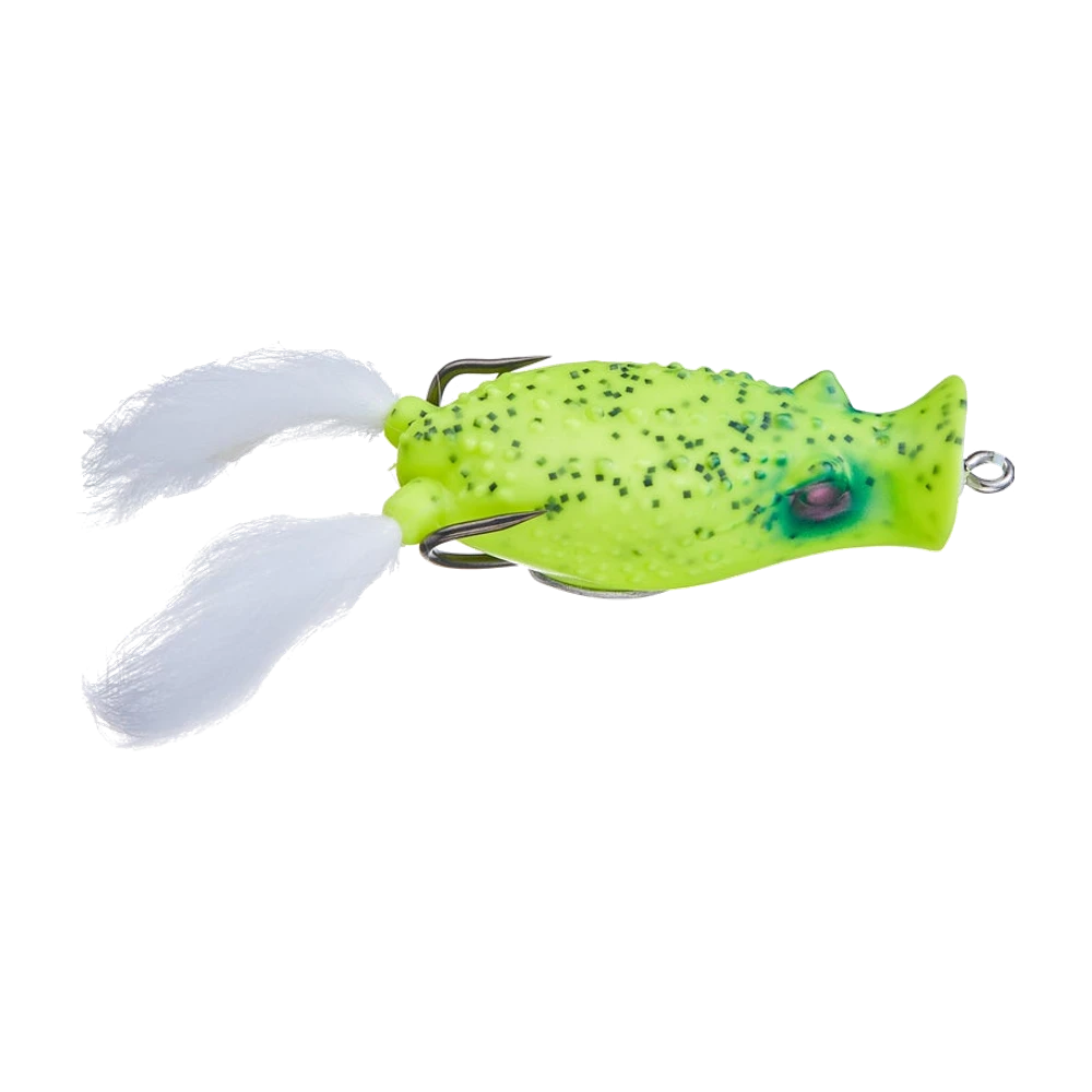 Deps Buster K, Hohlkörperfrosch in Chartreuse mit grünem Glitter, genoppter Oberfläche, violettem, türkis umrandetem Auge, vorn ausgehöhltem Maul mit Nasenöse, Doppelhaken mit flach am Rücken anliegenden Spitzen und zwei weißen Fellbeinen