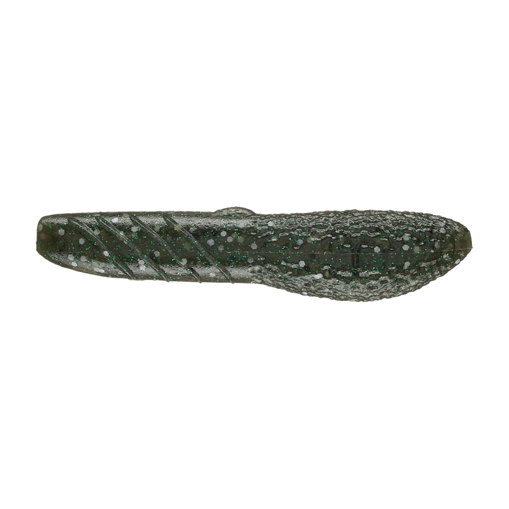 Deps Cover Scat de profil, corps vert pumpkin translucide à paillettes vertes et pois blancs, avant nervuré en biais et arrière bulbeux à texture alvéolée, leurre nu sans hameçon