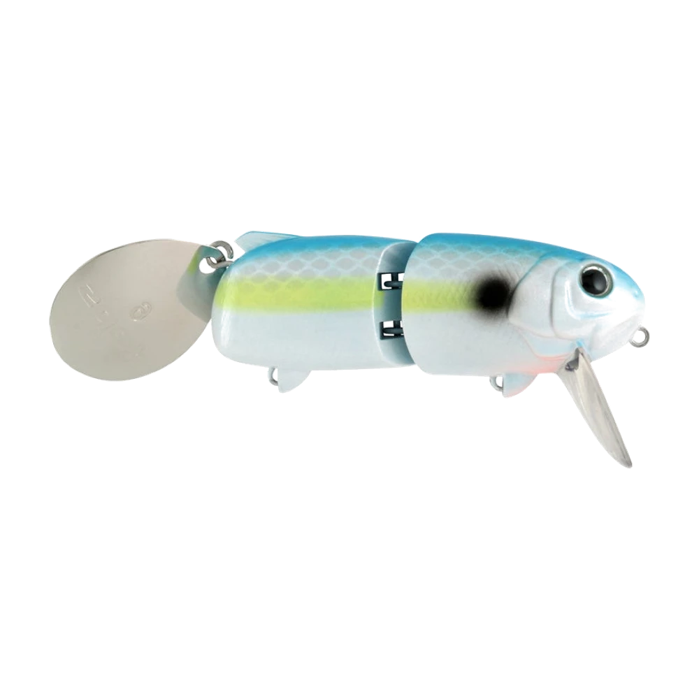 Deps MT Wake de profil tourné vers la droite, corps articulé en trois segments, dos bleu, bande latérale chartreuse, flancs blancs écaillés et tache noire derrière la tête, grande palette Colorado nickelée montée à l'arrière, bavette translucide sombre sous le menton, leurre nu dont les porte-hameçons ventraux sont vides
