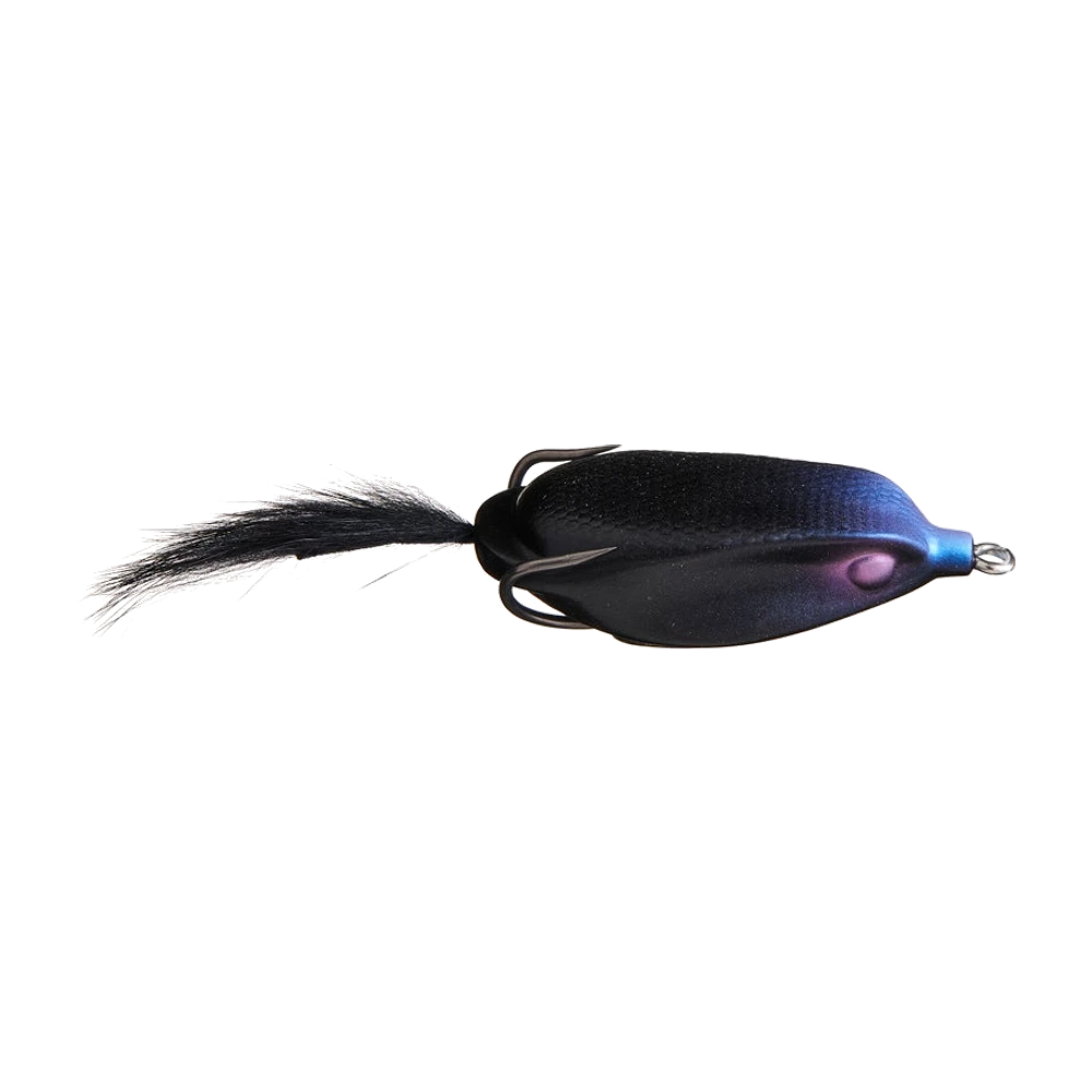 Deps Slither K noir à reflets bleu et violet, corps creux en forme de feuille à flancs creusés, œil violet près du nez, hameçon double pointes relevées sur le dos et queue en poil de lapin noir
