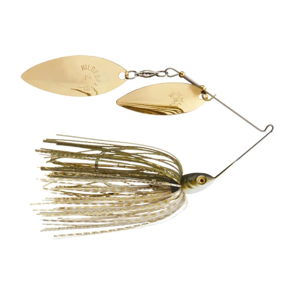 Dirty Jigs Compact Double Willow Spinnerbait, zwei goldene Willow-Blätter mit Hildebrandt-Prägung an einem Drahtarm, handbemalter Futterfischkopf mit realistischem Auge, feiner Skirt in Oliv, Gold und Perlweiß