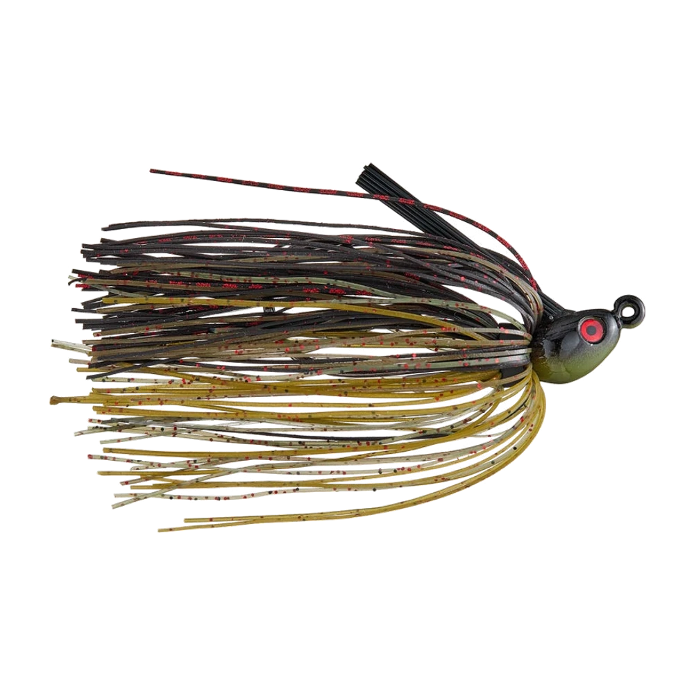 Dirty Jigs Compact Swim Jig, tête olive à dessus noir avec œil 3D rouge et noir et anneau de tête, jupe dense noire, verte et ambre mouchetée de paillettes rouges, sans trailer monté