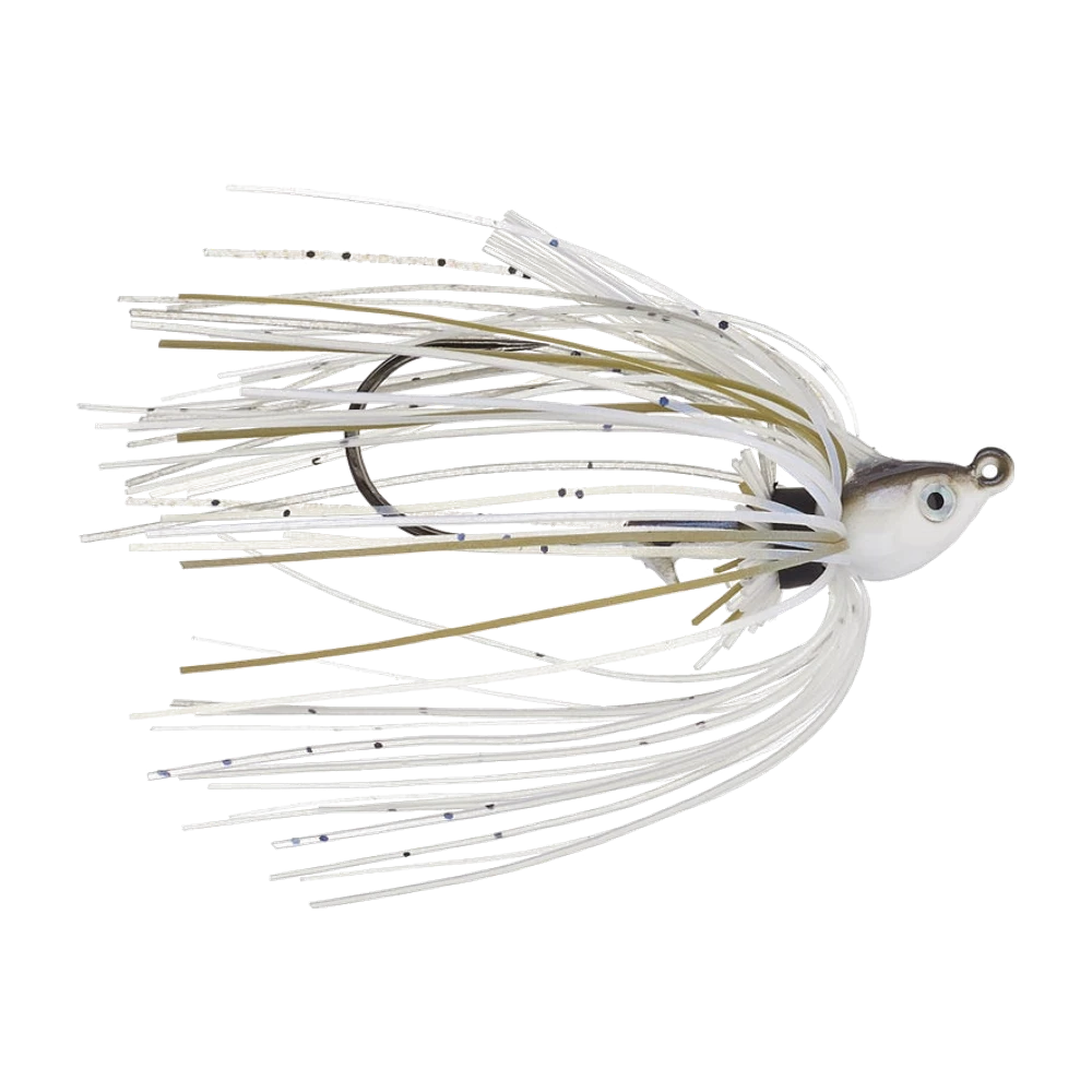 Dirty Jigs Finesse Swim Jig, tête ogive peinte façon petit poisson gris et blanc nacré avec œil 3D bleu, jupe longue et peu fournie blanche mouchetée de noir et bleu avec quelques brins kaki, hameçon noir visible à travers la jupe, sans trailer