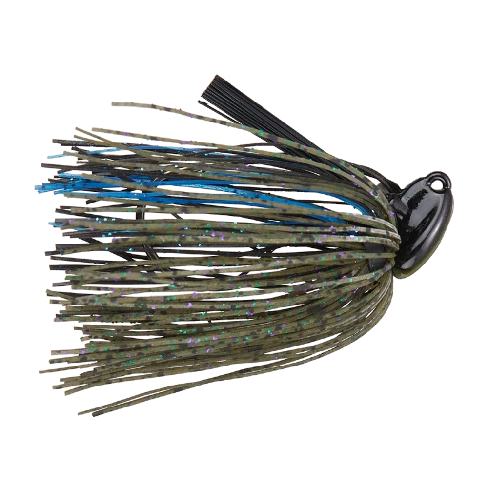 Dirty Jigs JT Kenney Grass Wizard Jig, zweifarbiger pfeilförmiger Kopf oben schwarz und unten oliv mit hinten liegender Öse, dichter Green-Pumpkin-Skirt mit grünem und violettem Glitter, dazu schwarze und einige leuchtend blaue Fäden, ohne montierten Trailer