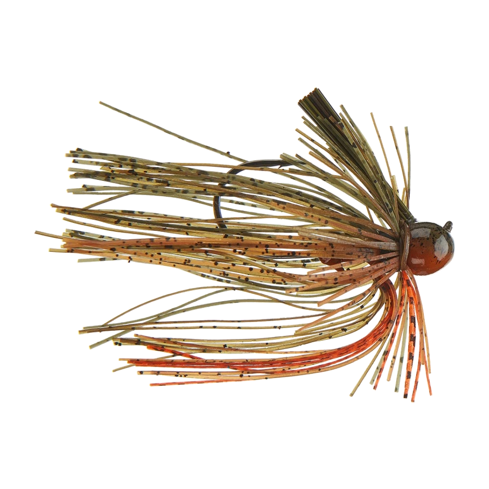 Dirty Jigs Luke Clausen Finesse-Jig, kleiner runder Kopf in Braun und Orange, dichter Skirt in Green Pumpkin und Bernstein mit schwarzen Sprenkeln und orangefarbenen Fäden darunter, bronzefarbener Hakenbogen sichtbar, ohne montierten Trailer