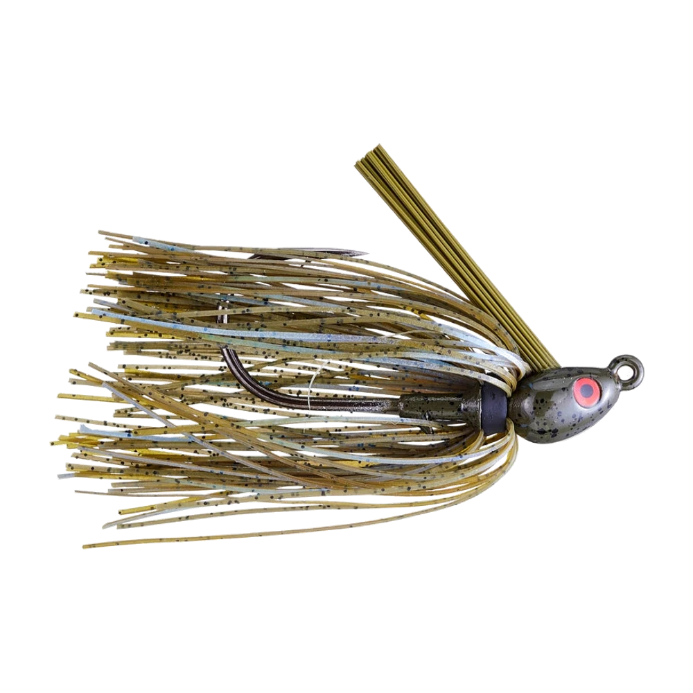 Swim jig Dirty Jigs No-Jack, testa a ogiva grigio-oliva macchiettata con occhio dipinto rosso e nero, antialga in fibre oliva, gonna in silicone verde pumpkin bianca e azzurrata, amo in bronzo visibile, senza trailer