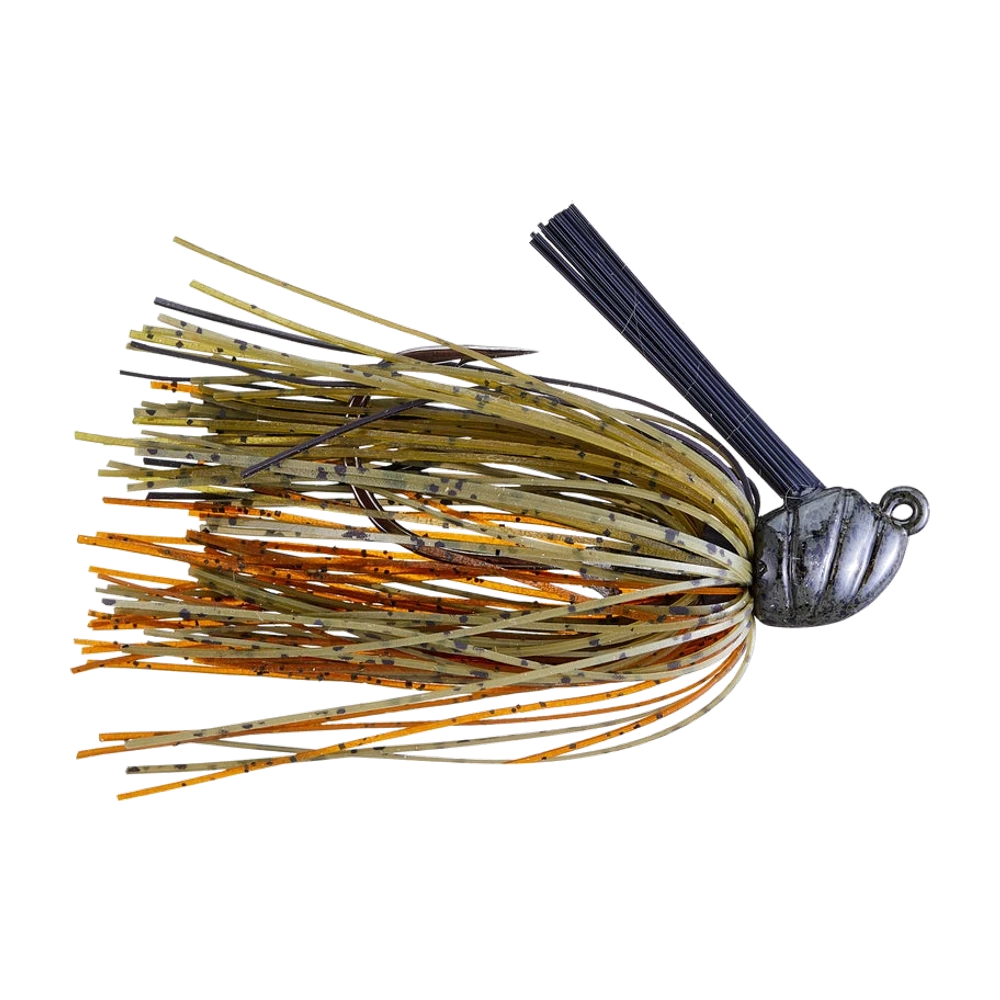Jig de flipping Dirty Jigs Scott Canterbury, tête grise mouchetée de noir, gardes-herbes en fibres noires, jupe silicone kaki et beige mouchetée avec des brins orange vif, hameçon bronze apparent, sans trailer monté