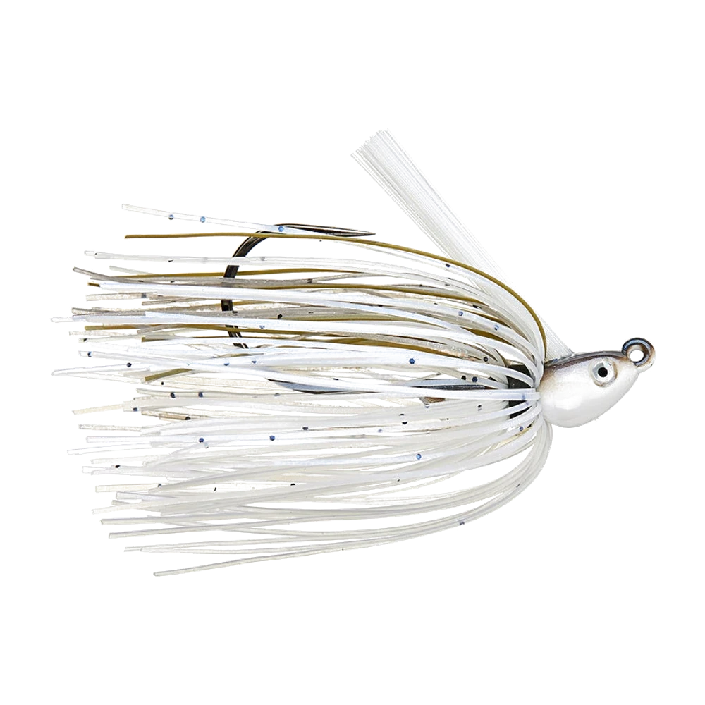 Swim jig Dirty Jigs, testa a ogiva bianca con dorso argentato e occhio dipinto bianco e nero, antialga in fibre bianche, gonna in silicone bianca macchiettata di blu e nero con qualche filo oliva, amo in bronzo visibile, senza trailer