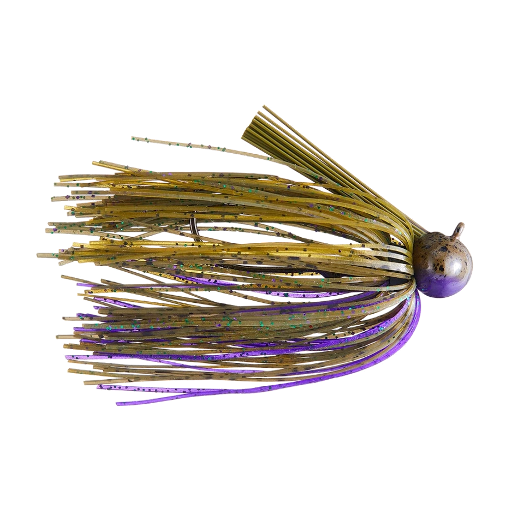 Dirty Jigs Tour Level Finesse Football Jig mit zweifarbigem Kopf, oben gesprenkeltes Braun und unten Violett, ungekürzter Silikonskirt in Green Pumpkin und Violett, nackt ohne Trailer abgebildet