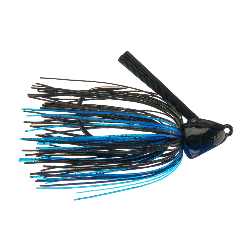 Dirty Jigs Tour Level No-Jack Punchin' Jig con testa conica nera laccata e occhiello sul retro, gonnellino in silicone nero e blu non rifilato e paraerba in fibra nera, mostrato senza trailer