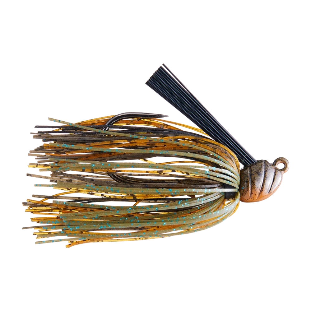 Dirty Jigs Tour Level No-Jack Version 2 Flipping Jig, tête sculptée brun doré mouchetée avec anneau de ligne vertical à l'arrière, jupe brune, olive et dorée à paillettes bleues non taillée, bavure fibre noire, sans trailer