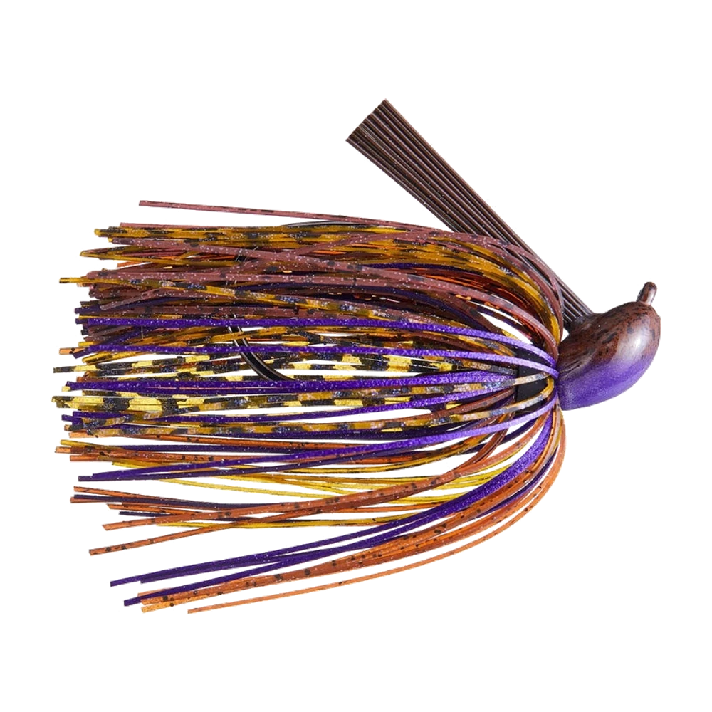 Dirty Jigs Tour Level Pitchin' Jig con testa Arkey marrone sopra e viola sotto e occhiello inclinato, gonnellino in silicone non rifilato che mescola marrone, arancio, oro e viola, paraerba in fibra marrone, senza trailer montato