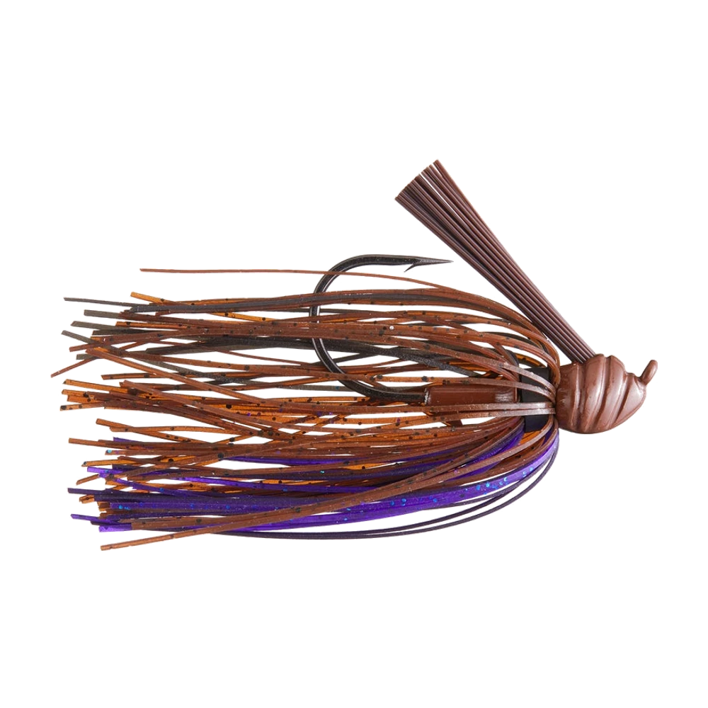 Dirty Jigs Weekender Casting Jig, tête ronde brun uni à rainures moulées visibles, jupe silicone brune à paillettes orange et violette non taillée, bavure fibre brune, hameçon nu sans trailer