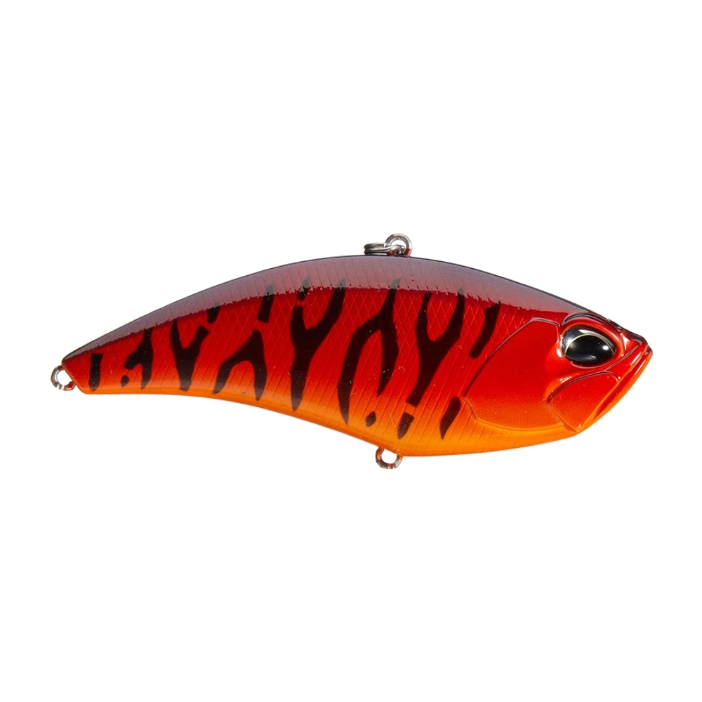 DUO Apex Vibe lipless coloris écrevisse rouge, flancs rouge-orangé rayés de noir, ventre orange, dos fumé, leurre nu avec ses deux porte-hameçons vides et un anneau brisé sur le dos