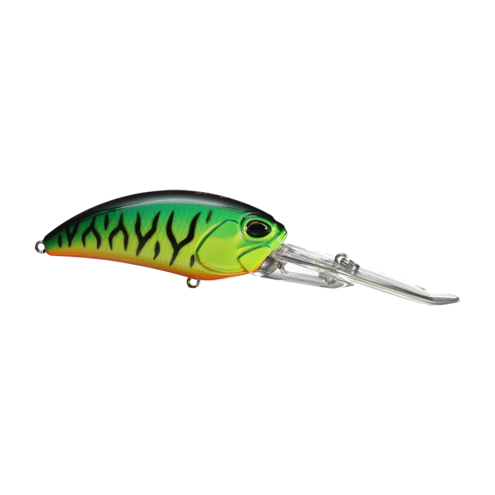 DUO Crankbait G87 20A dos noir, flancs verts rayés de noir, bas de flanc chartreuse et gorge orange, très longue bavette transparente, leurre nu sans triples montés