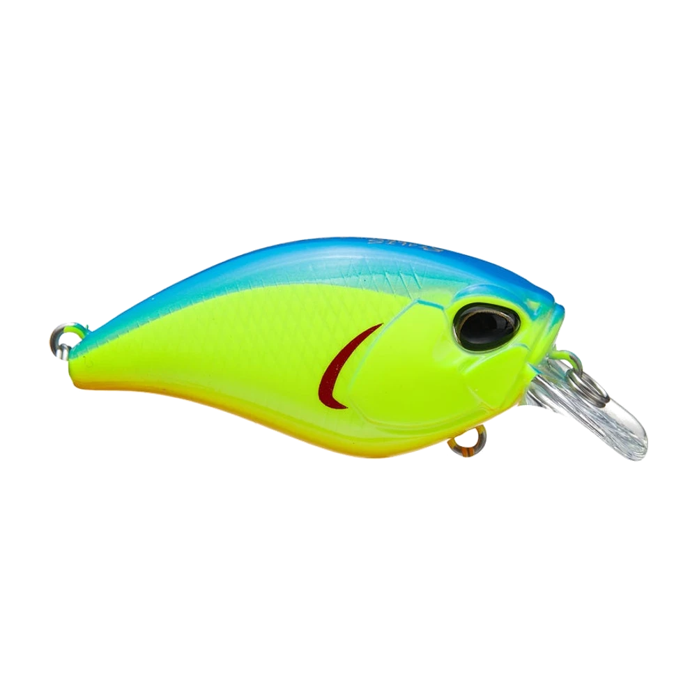 DUO Mid Roller 40F crankbait trapu, dos bleu, flancs chartreuse écaillés avec une barre de ouïe rouge, ventre jaune-orangé, grand œil 3D, courte bavette carrée transparente, leurre nu sans triples