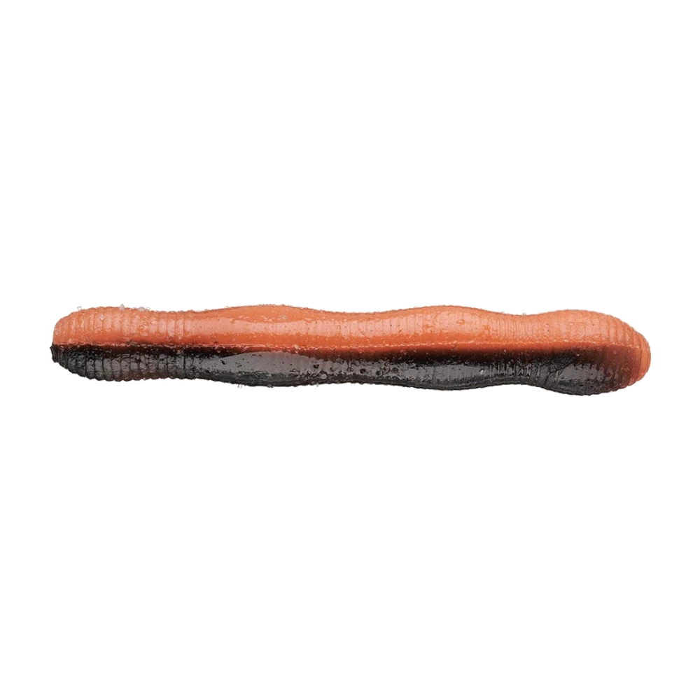 DUO Wriggle ND Slim, worm court à corps annelé en deux tons, dessus orange opaque et dessous noir légèrement translucide, extrémités arrondies et corps un peu ondulé