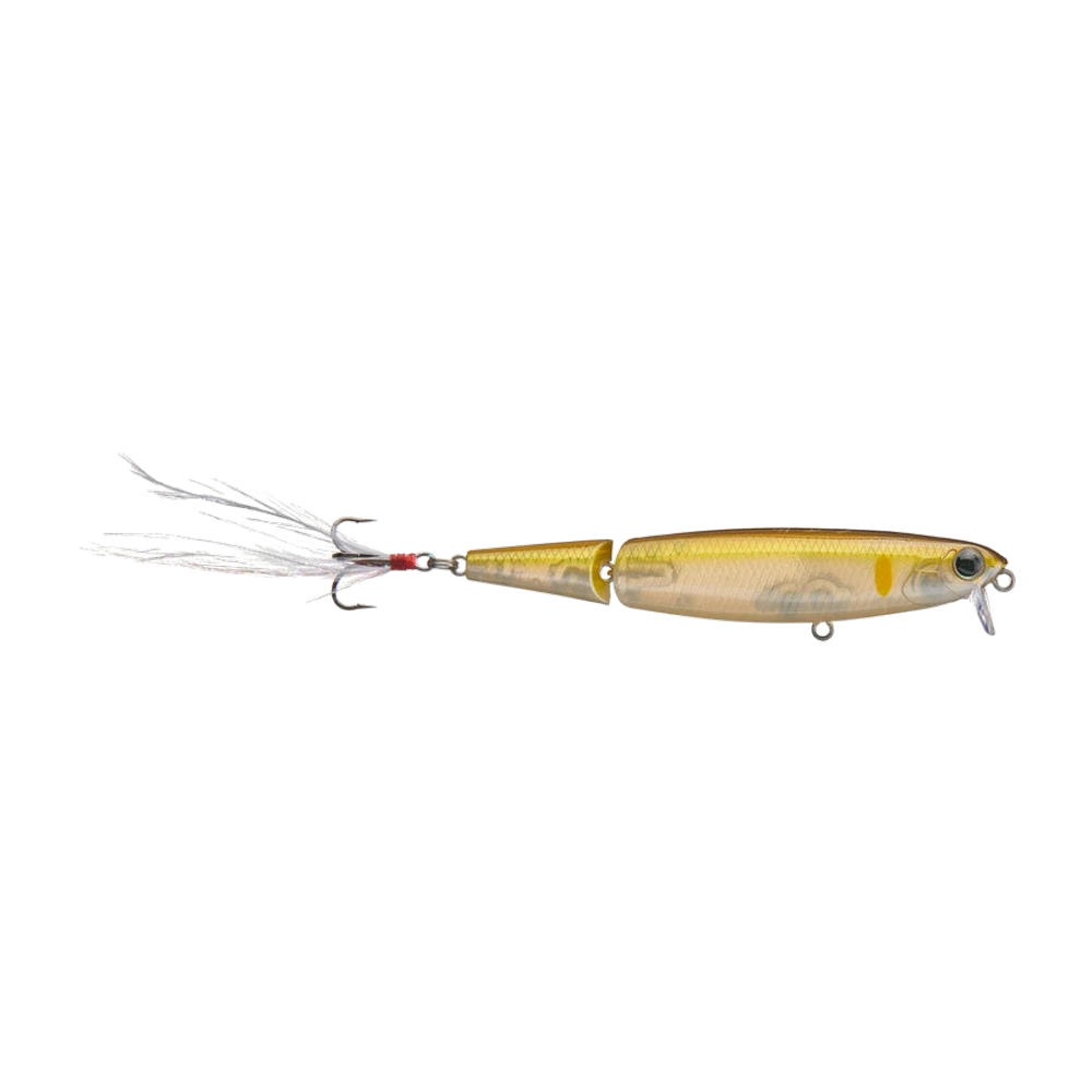 Evergreen JXJ Minnow articulé en deux segments, dos doré olive et flancs nacrés translucides, œil 3D noir ; seul le triple arrière habillé de plumes blanches est monté, le porte-hameçon ventral reste vide