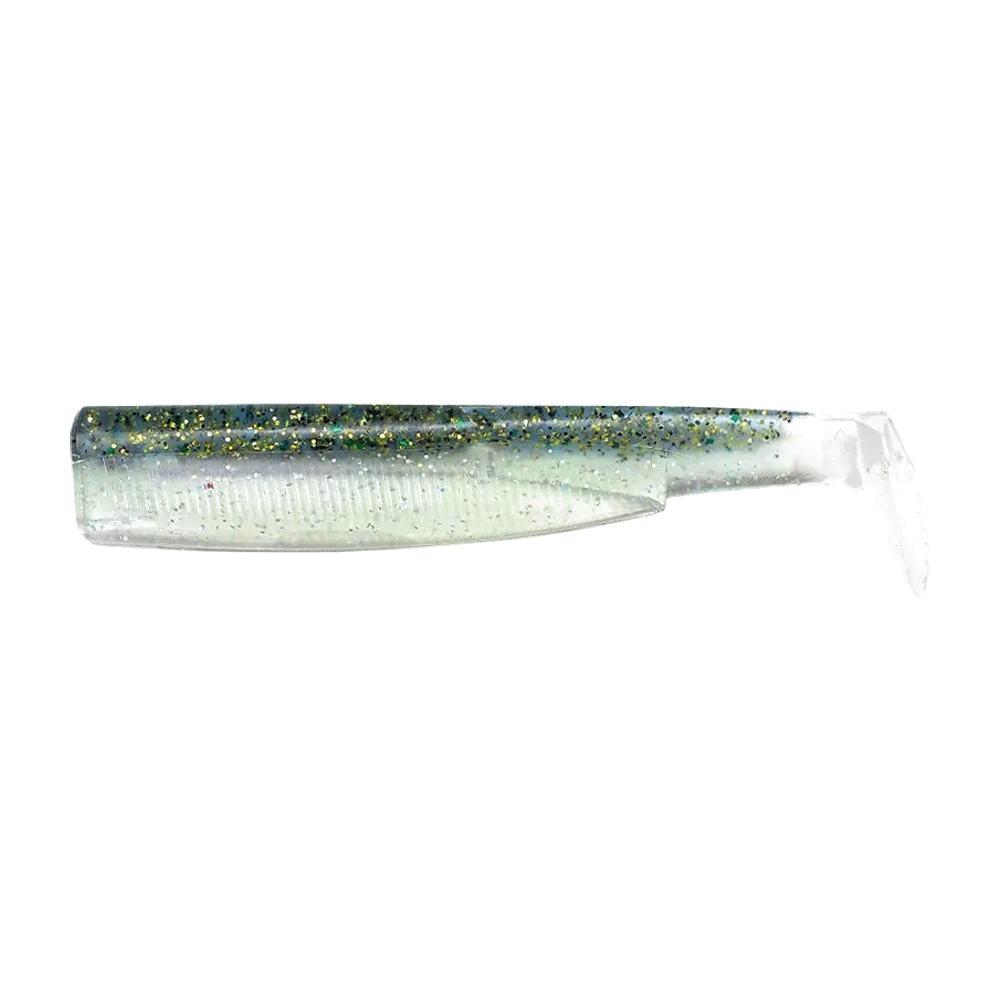 Corps souple Fiiish Black Minnow N°3 en coloris Ghost Minnow, paillettes dorées et vertes sur fond translucide
