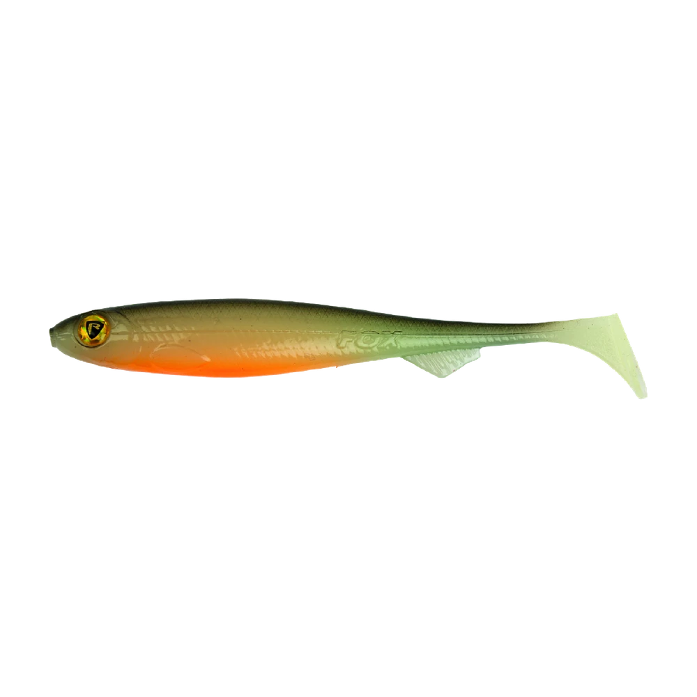 Shad souple Fox Rage Slick Shad au profil cylindrique fin, dos sombre et ventre orange