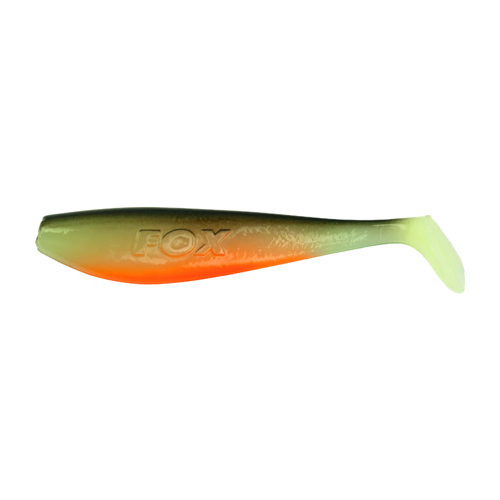 Shad souple Fox Rage Zander Pro Shad coloris vert/orange, queue paddle incurvée haute vibration